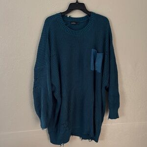 Torrid Lovesick Distressed Satin Pocket Pullover Sweater Blue 4X